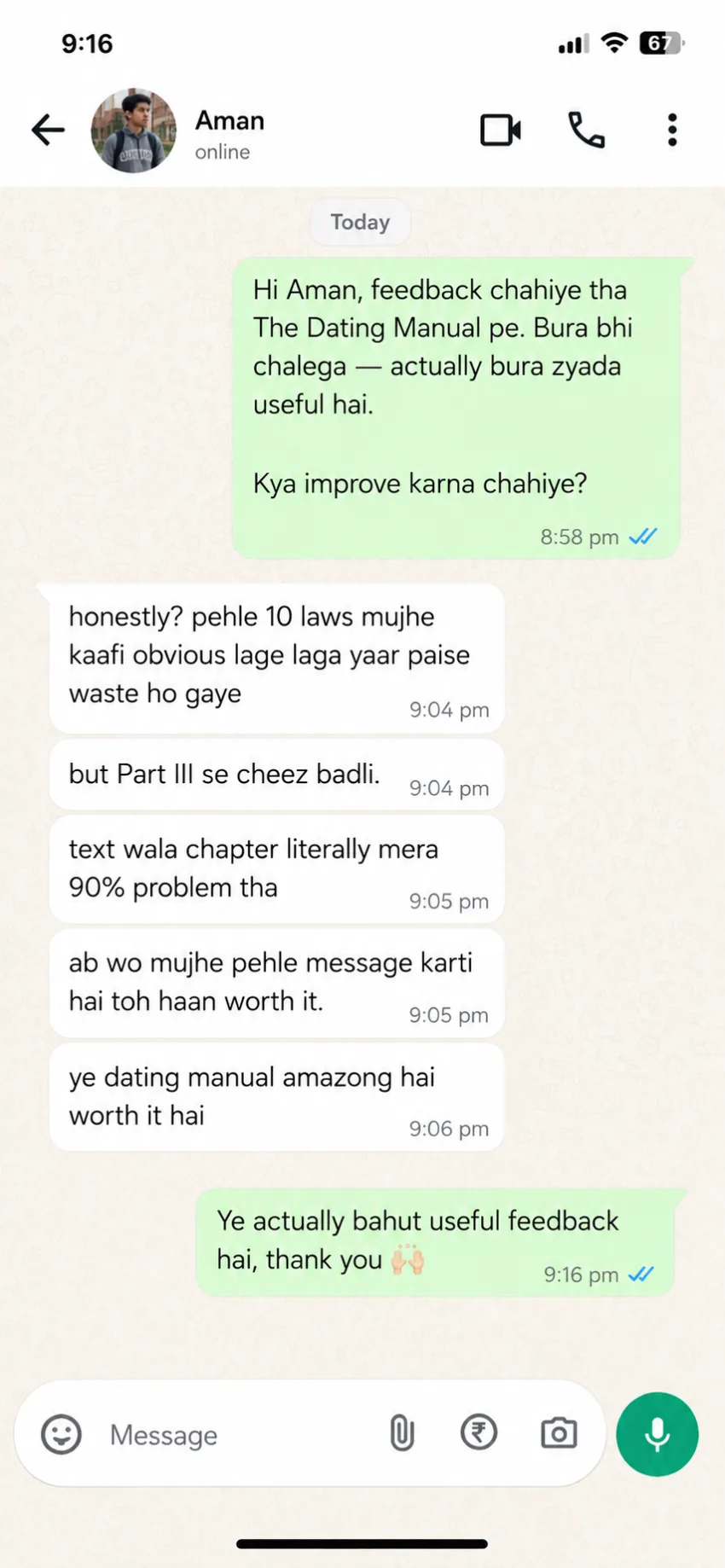 WhatsApp feedback from Aman about Part III